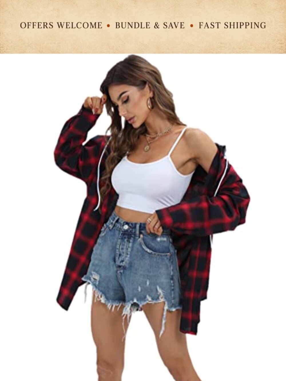 Oversized Plaid Flannel Shirt Hooded Button Down Long Sleeve Loose Fit